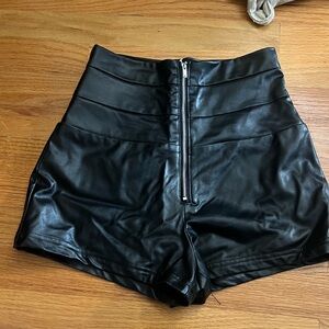 High-Waist Black Faux Leather Women’s Shorts with Front Zip